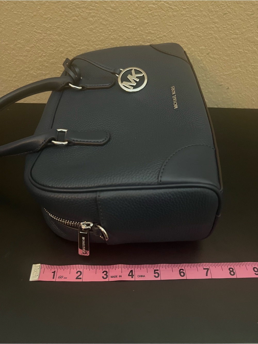 Michael Kors Navy Thompson Medium Pebbled Leather Satchel with MK Charm - Picture 4 of 7